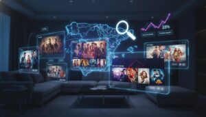 Una composición de múltiples pantallas flotantes mostrando escenas de diversas películas y series populares, con un mapa estilizado de España en el fondo, e iconos de búsqueda y un gráfico ascendente, representando las tendencias de búsqueda de contenido audiovisual en España.