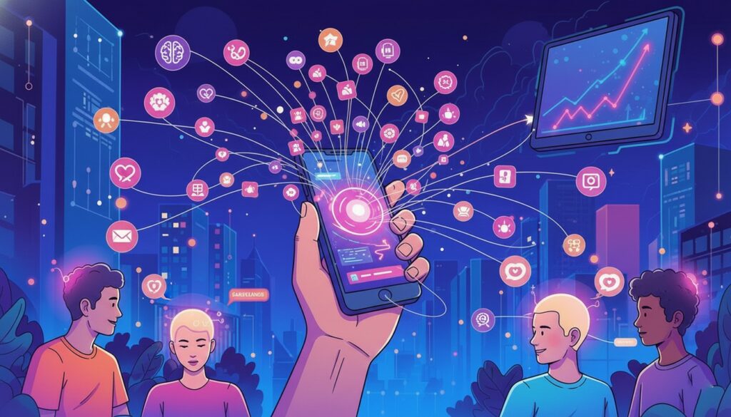 Ilustración nocturna con un móvil emitiendo iconos de aplicaciones digitales mientras varios jóvenes observan, representando el uso intensivo del smartphone y el ecosistema online.
