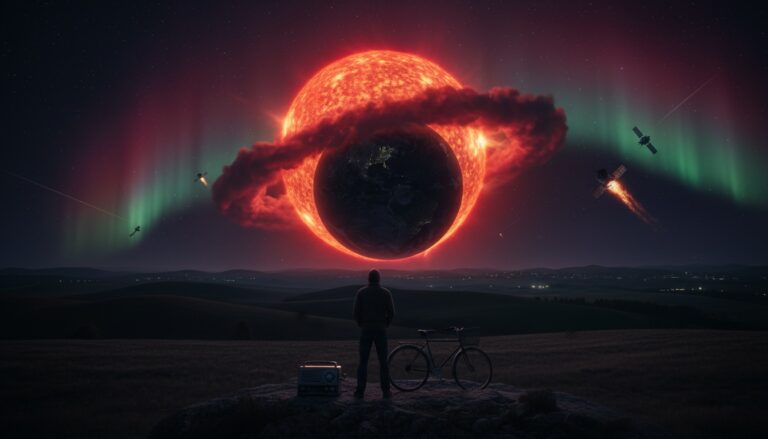 Escena nocturna con auroras boreales y una enorme explosión solar frente a la Tierra, mientras una persona observa desde el campo con una bicicleta y una radio.