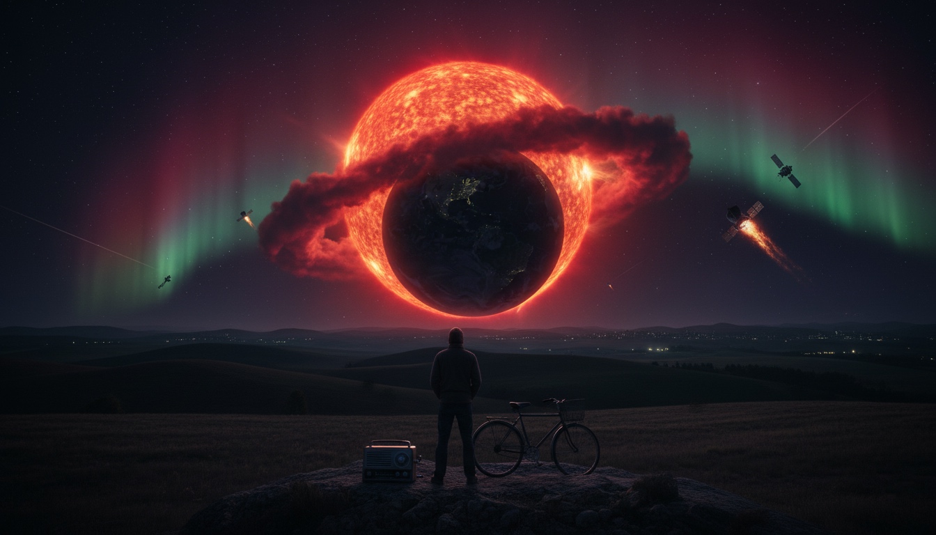 Escena nocturna con auroras boreales y una enorme explosión solar frente a la Tierra, mientras una persona observa desde el campo con una bicicleta y una radio.