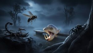 Escena nocturna fantasiosa en un pantano con un pez de aspecto monstruoso emergiendo del agua con colmillos largos, mientras un escorpión, una avispa y una araña gigante lo rodean en un ambiente oscuro y misterioso.