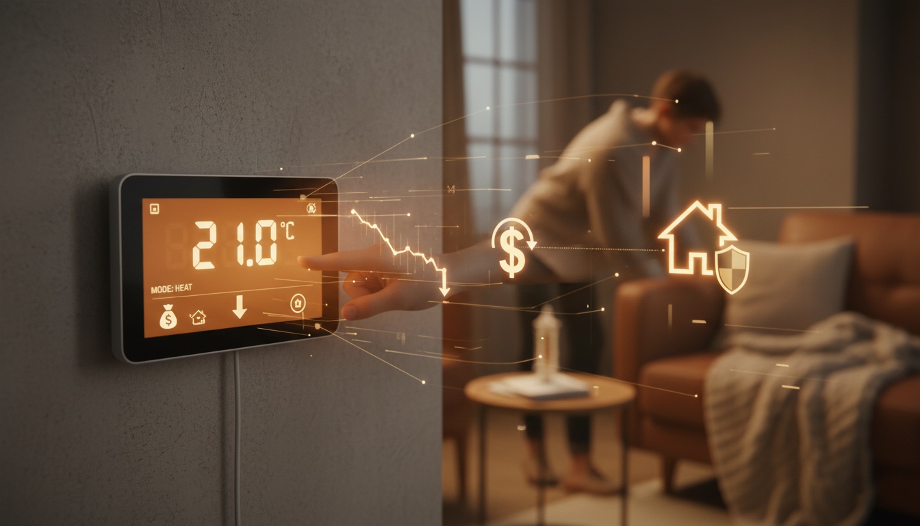 Termostato inteligente ajustando la calefacción a 21 grados con iconos de ahorro energético y una persona en el salón al fondo