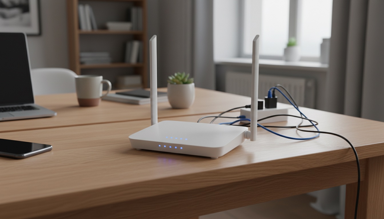 Router blanco con dos antenas encendido sobre un escritorio, junto a un portátil, un móvil y accesorios de oficina en una habitación luminosa.