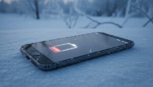 Móvil con la batería casi agotada sobre la nieve durante una ola de frío