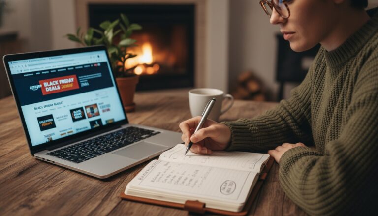 Persona haciendo presupuesto de compras online de Black Friday frente al portátil
