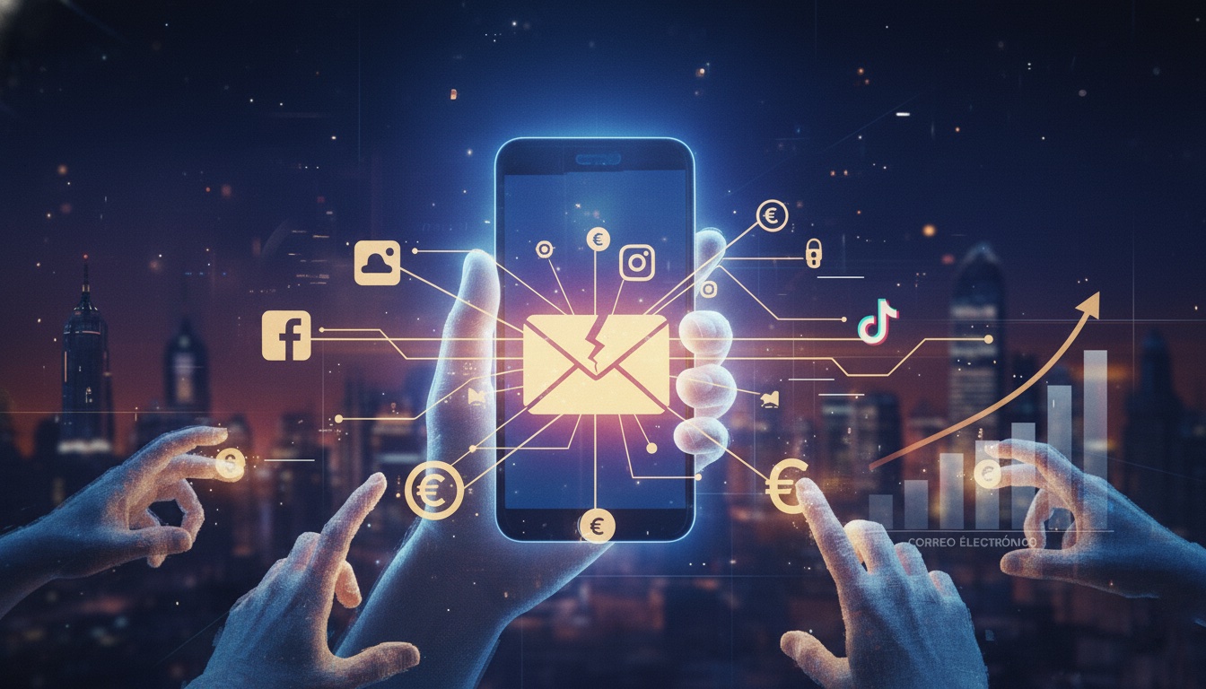 Manos alrededor de un smartphone con correo vulnerado e iconos de redes sociales y dinero, metáfora de fraudes online y ciberseguridad