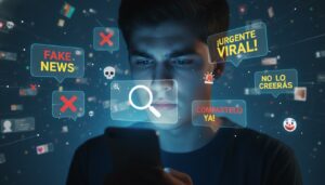 Chico mirando el móvil mientras le aparecen alertas de fake news y mensajes virales en redes sociales