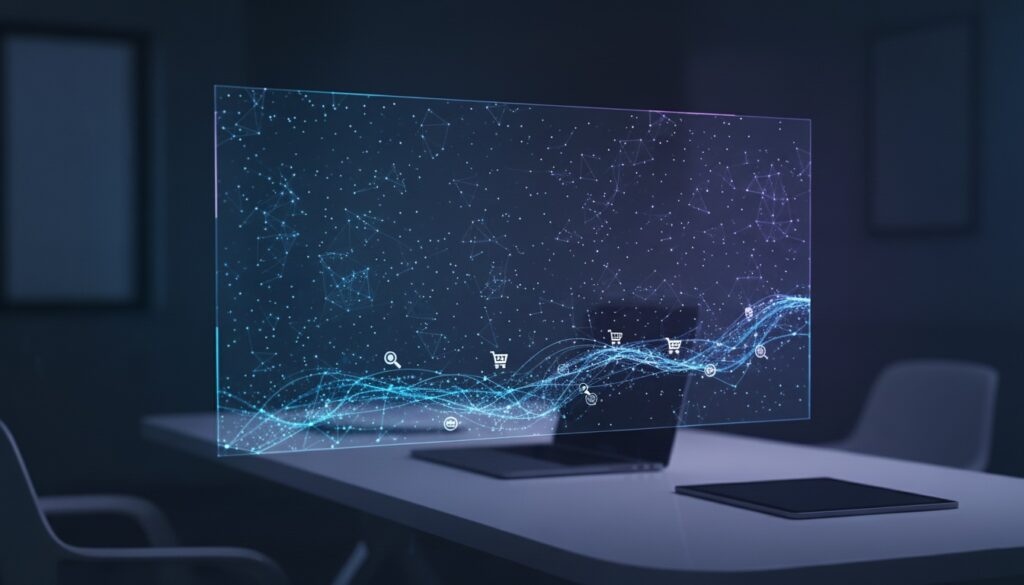 Pantalla transparente futurista con gráficos y iconos de compras sobre un portátil en una sala oscura