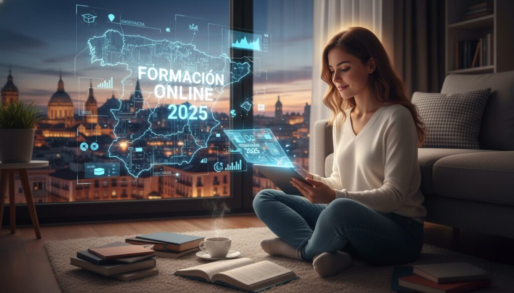 Una joven concentrada estudiando desde casa, rodeada de libros y una tableta con contenido educativo. En el fondo, se ven elementos que sugieren una ciudad española al anochecer, destacando la flexibilidad y la comodidad de la formación online en 2025