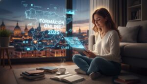 Una joven concentrada estudiando desde casa, rodeada de libros y una tableta con contenido educativo. En el fondo, se ven elementos que sugieren una ciudad española al anochecer, destacando la flexibilidad y la comodidad de la formación online en 2025