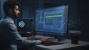 Desarrollador programando con ayuda de IA en un entorno de trabajo avanzado