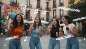 Grupo de jóvenes grabando un baile viral de TikTok en la calle con hashtags de tendencias