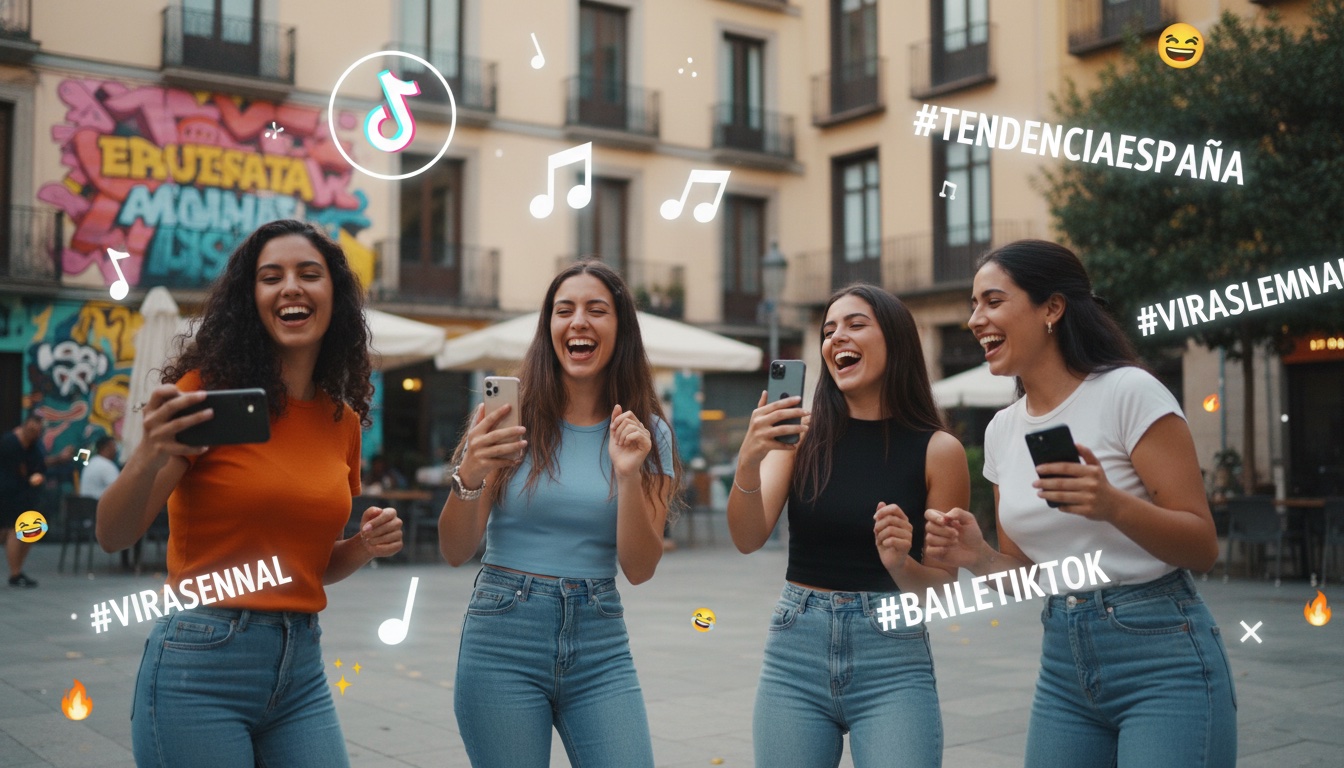 Grupo de jóvenes grabando un baile viral de TikTok en la calle con hashtags de tendencias
