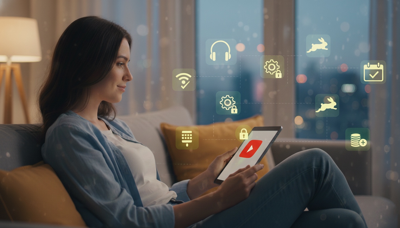 Una mujer joven relajada en un sofá por la noche, mirando una tablet donde se visualiza el logo de YouTube. A su alrededor, iconos flotantes iluminados representan conceptos como auriculares (audio), WiFi (datos), un engranaje con candado (privacidad/configuración), un conejo (velocidad/ahorro de tiempo), un calendario (organización) y una pila de monedas (ahorro), simbolizando los beneficios de usar YouTube sin anuncios.