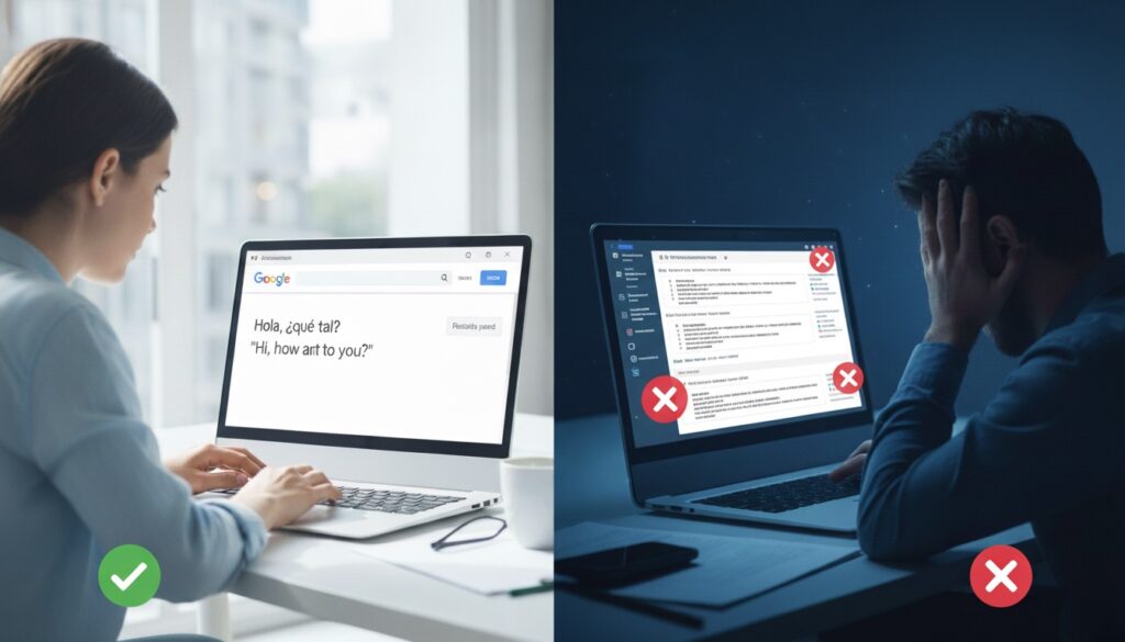Una imagen dividida verticalmente. A la izquierda, una mujer trabaja tranquilamente en un portátil, mostrando la interfaz de Google Translate con una traducción sencilla y exitosa. Una marca de verificación verde indica un uso adecuado. A la derecha, en un ambiente más oscuro, un hombre frustrado se cubre la cabeza frente a un portátil, cuya pantalla muestra una interfaz compleja con múltiples errores (marcados con 'X' rojas), simbolizando las dificultades o complicaciones que pueden surgir con traductores de IA o en situaciones más complejas.