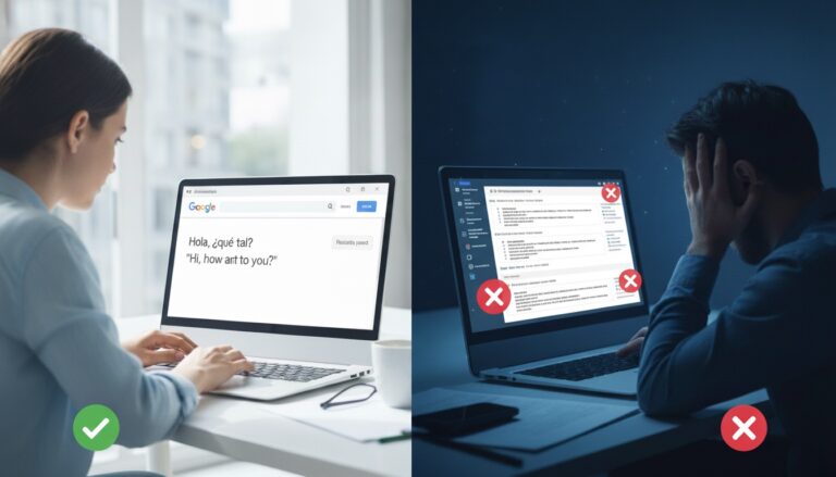 Una imagen dividida verticalmente. A la izquierda, una mujer trabaja tranquilamente en un portátil, mostrando la interfaz de Google Translate con una traducción sencilla y exitosa. Una marca de verificación verde indica un uso adecuado. A la derecha, en un ambiente más oscuro, un hombre frustrado se cubre la cabeza frente a un portátil, cuya pantalla muestra una interfaz compleja con múltiples errores (marcados con 'X' rojas), simbolizando las dificultades o complicaciones que pueden surgir con traductores de IA o en situaciones más complejas.