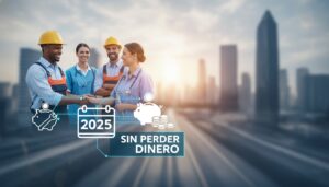 Un grupo diverso de profesionales (trabajadores de la construcción y personal médico) sonríen e interactúan sobre un fondo urbano difuminado al atardecer. En primer plano, se superponen iconos y texto que resaltan '2025', 'SIN PERDER DINERO' y huchas con monedas, simbolizando la jubilación anticipada en trabajos específicos sin penalización económica.
