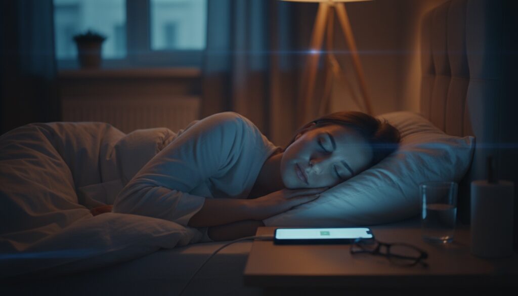Mujer durmiendo en la cama con el móvil encendido sobre la mesilla de noche