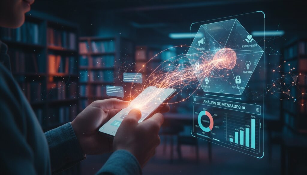 Persona usando el móvil mientras una IA analiza sus mensajes y muestra un perfil de personalidad en pantalla holográfica