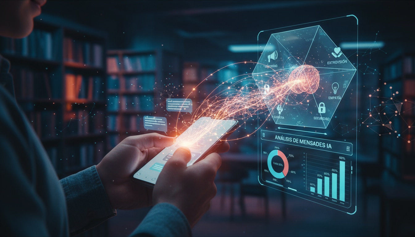Persona usando el móvil mientras una IA analiza sus mensajes y muestra un perfil de personalidad en pantalla holográfica