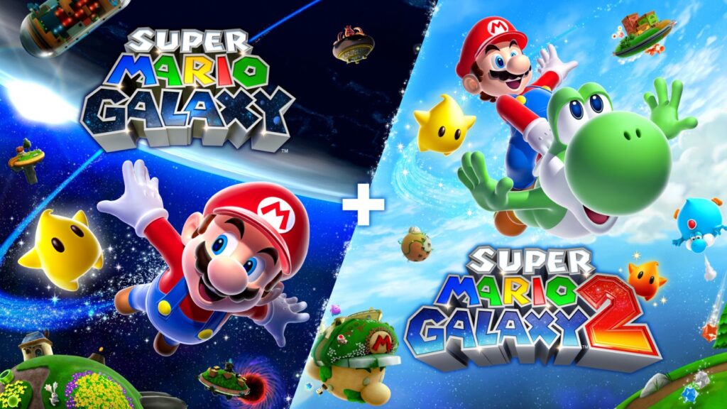 Super Mario Galaxy en acción, Mario explorando una galaxia colorida y llena de estrellas, juego para Nintendo Switch en 2025