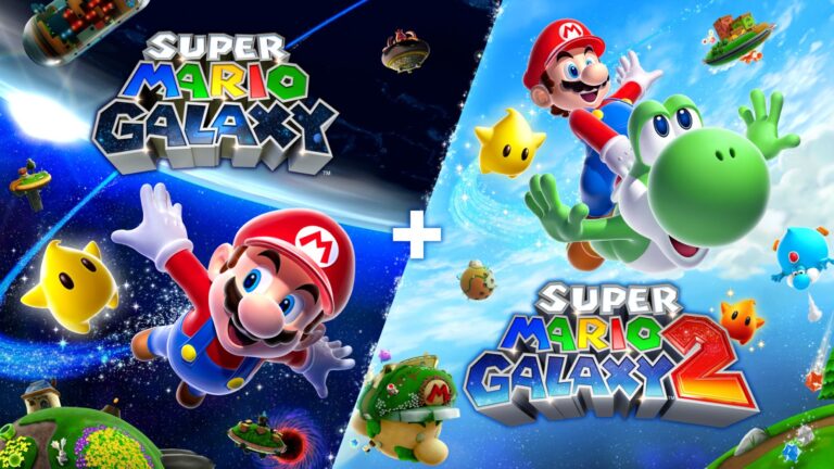 Super Mario Galaxy en acción, Mario explorando una galaxia colorida y llena de estrellas, juego para Nintendo Switch en 2025