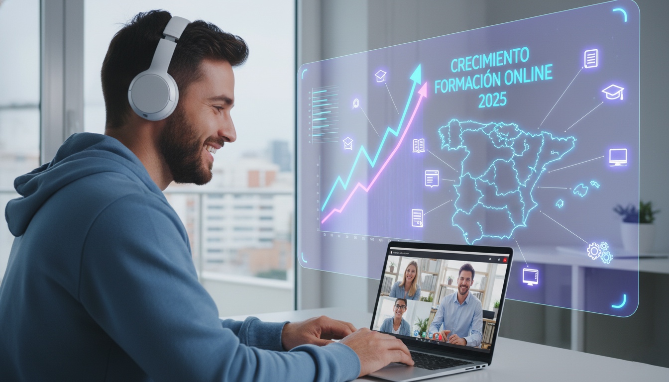 Un hombre joven sonriendo y utilizando unos auriculares mientras interactúa con una videollamada de formación online en su ordenador portátil. Detrás de él, un tablero con un gráfico ascendente y un mapa de España con iconos de aprendizaje flotando, simbolizando la popularidad y el acceso a la educación a distancia en España en 2025.