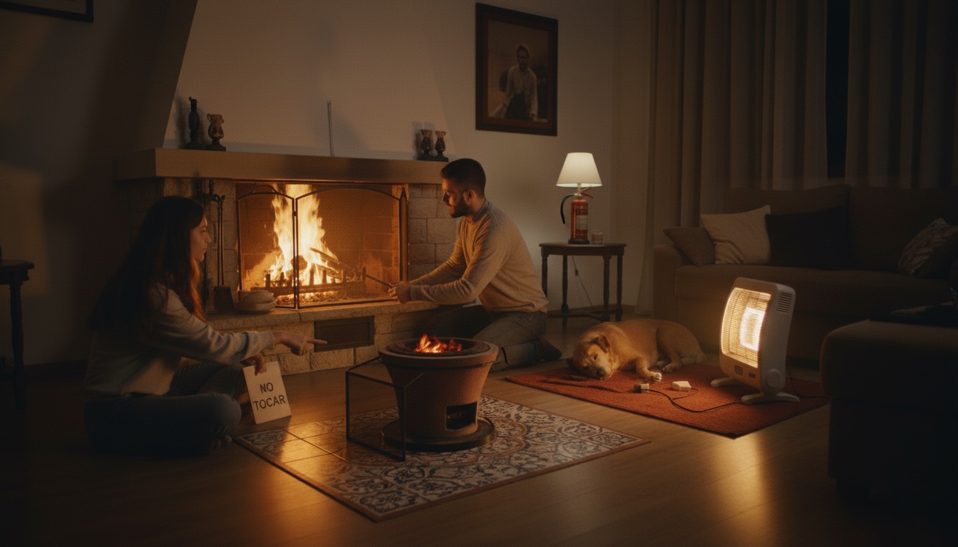 Hogar con chimenea encendida, brasero y estufa eléctrica mientras una pareja prepara el fuego y un perro descansa junto al calor.