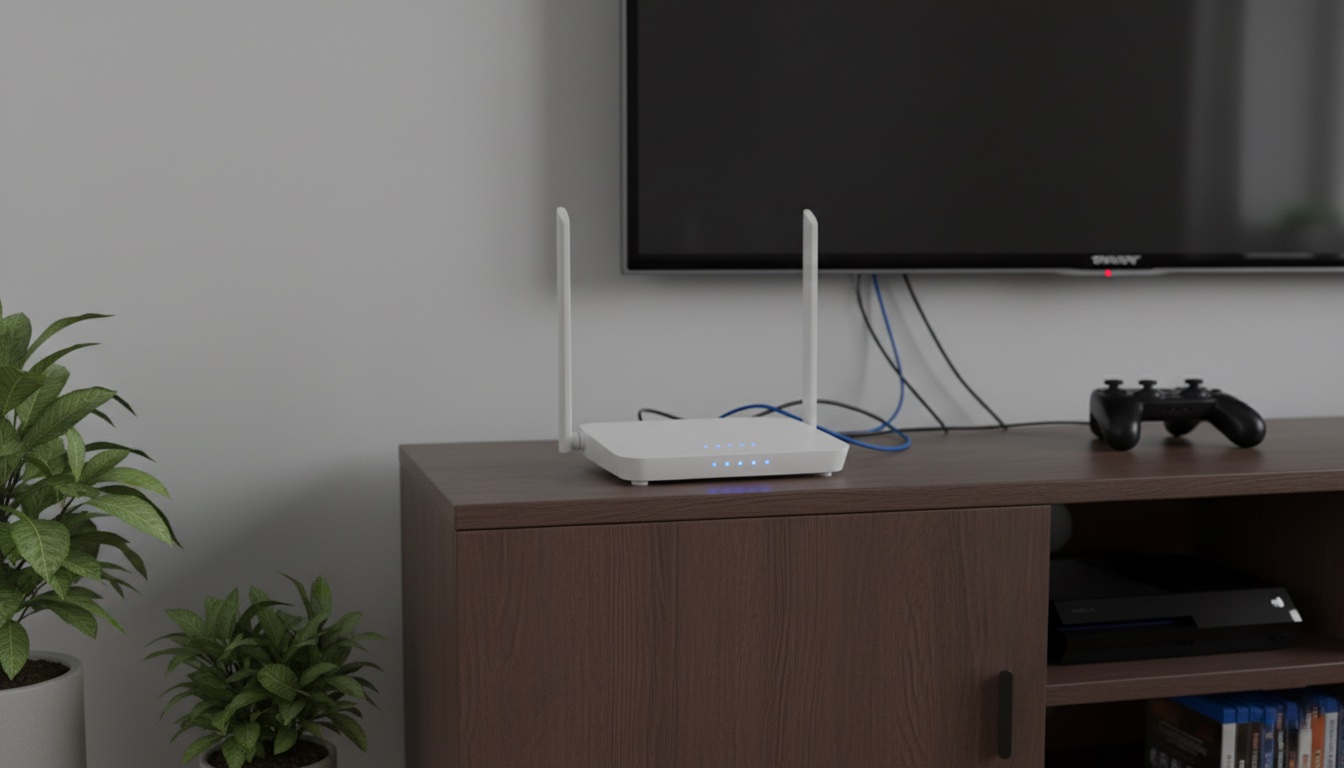 Router blanco con dos antenas situado en un mueble bajo el televisor, junto a cables y un mando de consola en un salón moderno.