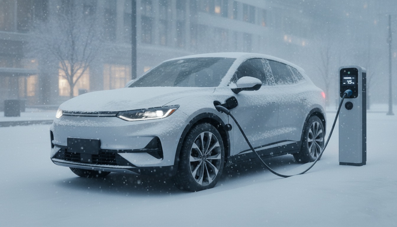 Coche eléctrico cargando en la calle bajo una fuerte nevada en plena ola de frío
