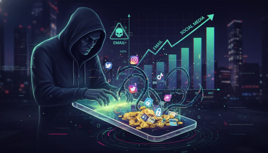 Ilustración de hacker robando datos y criptomonedas desde un móvil, concepto de ciberseguridad en redes sociales