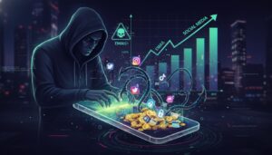Ilustración de hacker robando datos y criptomonedas desde un móvil, concepto de ciberseguridad en redes sociales