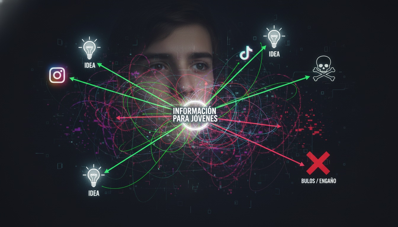 Joven rodeado de ideas y riesgos digitales, análisis de información y bulos en redes sociales