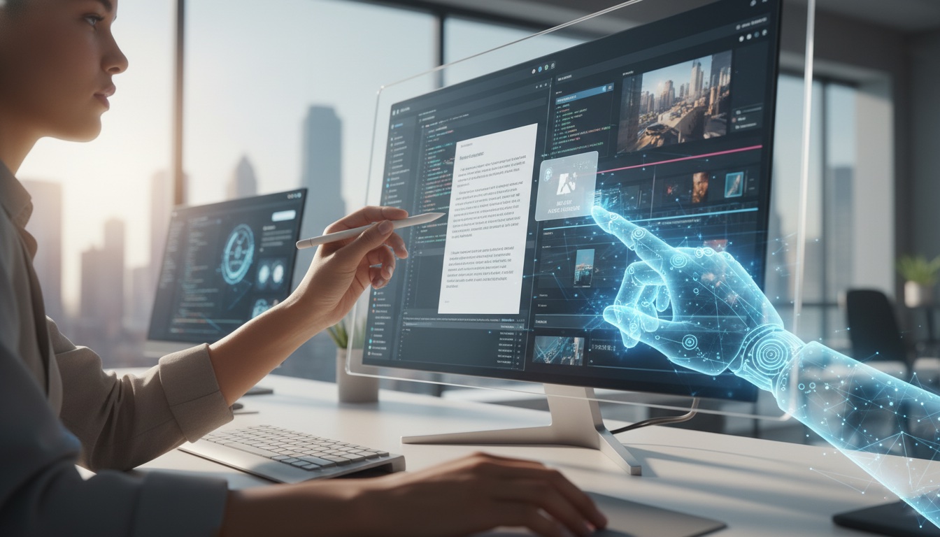 Profesional colaborando con una mano digital de IA para editar contenidos en pantalla