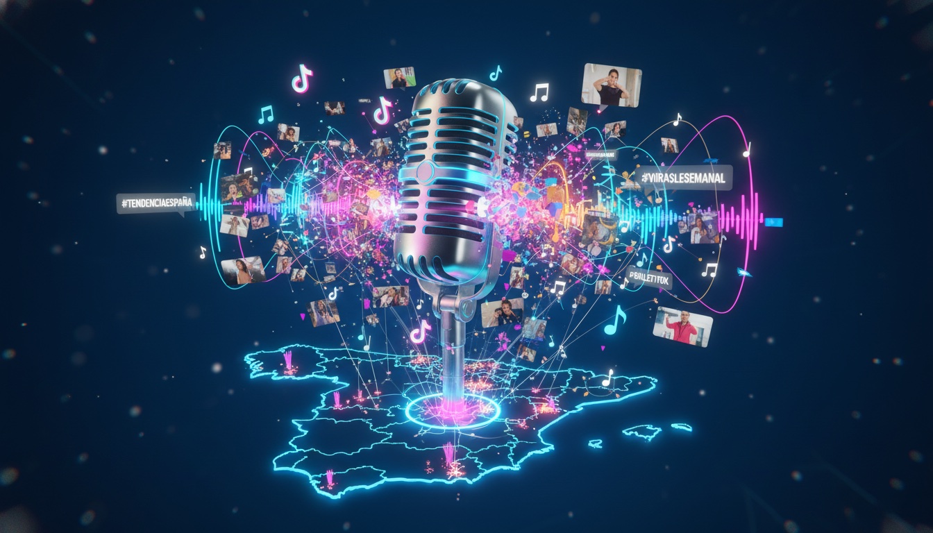 Micrófono sobre el mapa de España mostrando tendencias y vídeos virales de TikTok conectados por animaciones
