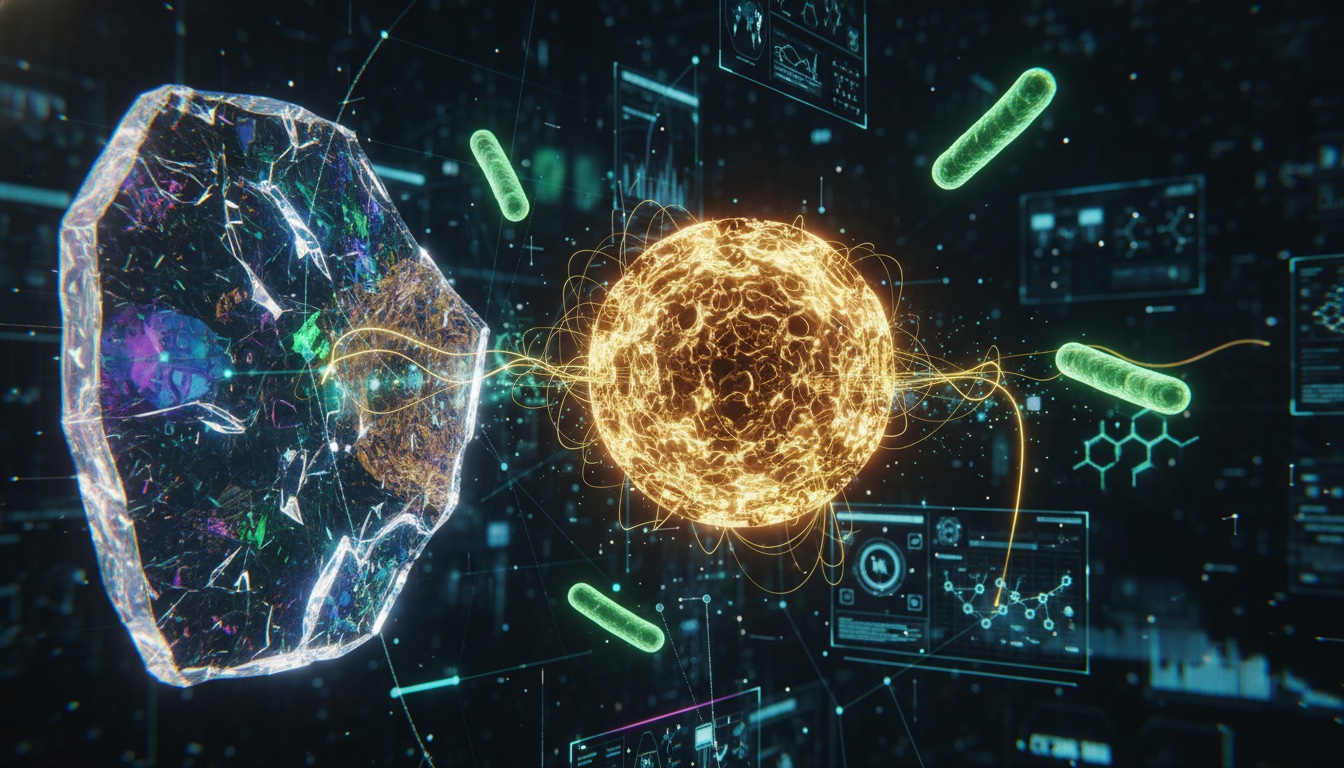 Representación científica con energía, cristales y microorganismos en un entorno digital, simbolizando descubrimientos innovadores