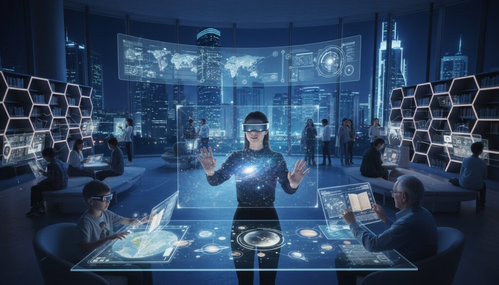 Sala futurista con personas de todas las edades usando gafas de realidad virtual y mesas holográficas