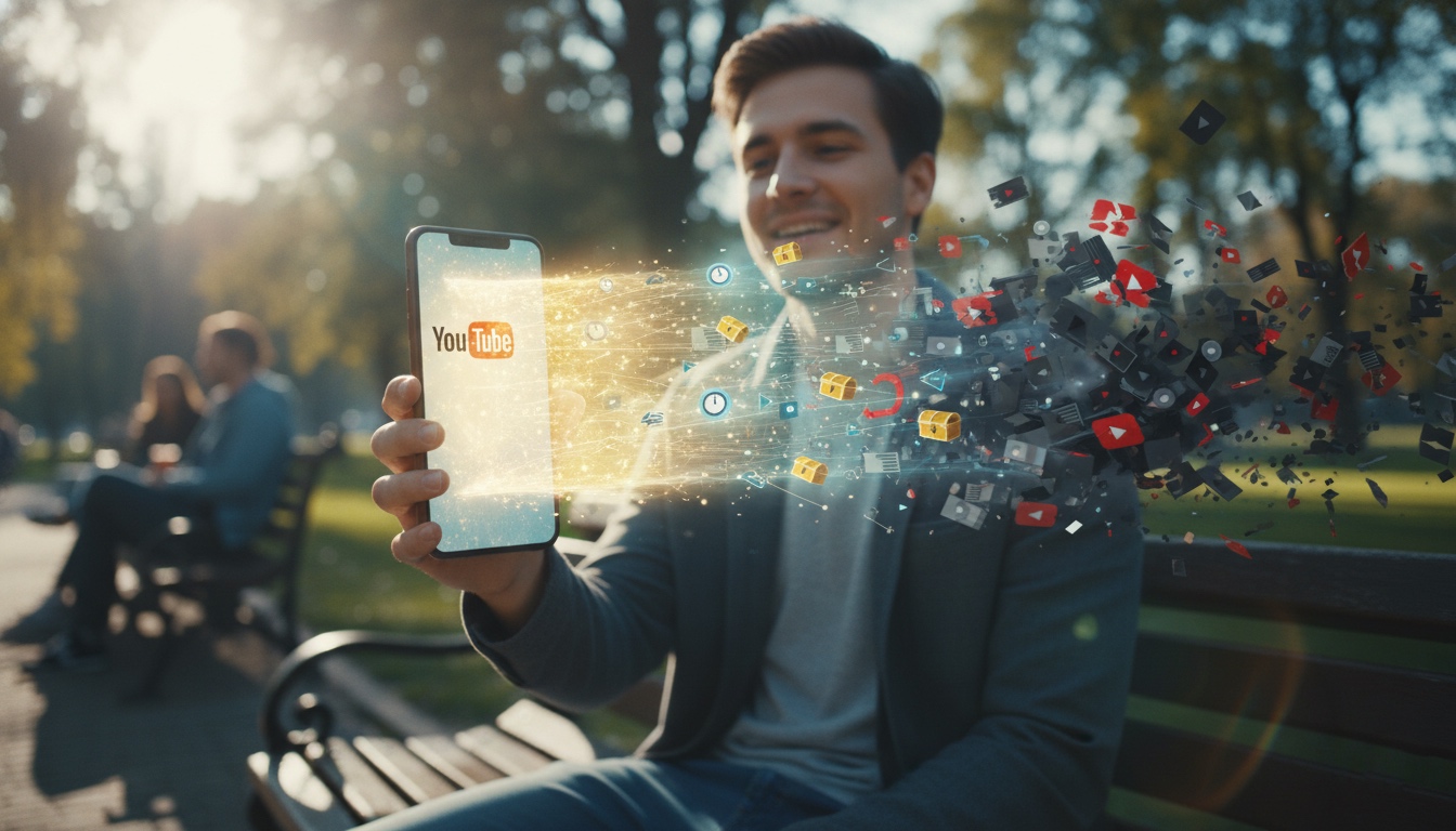 Un joven sonriente y relajado, sentado en un banco de parque bajo el sol, sosteniendo un smartphone que muestra el logo de YouTube. Del teléfono emanan haces de luz dorada y azul que atraviesan y disipan una ráfaga de anuncios y elementos de video fragmentados, simbolizando la eliminación de interrupciones para una experiencia de visualización más fluida y rápida en YouTube.