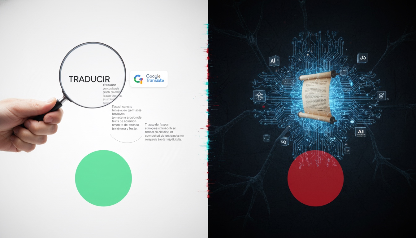 Una imagen dividida verticalmente. A la izquierda, una mano sostiene una lupa sobre la palabra 'TRADUCIR' y un texto básico, con el logo de Google Translate y un círculo verde, simbolizando la simplicidad y gratuidad para traducciones sencillas. A la derecha, un diseño futurista de circuitos neuronales y una interfaz de IA rodea un pergamino antiguo con texto, junto a un círculo rojo, representando la complejidad y los posibles errores en traducciones de IA para documentos importantes o contextos delicados.