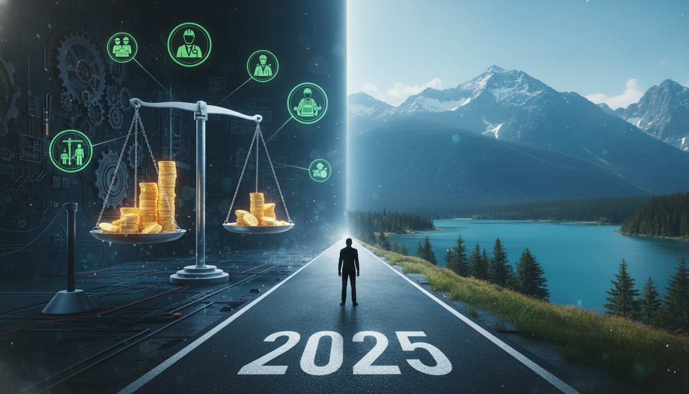 Una imagen dividida en dos ambientes contrastantes. A la izquierda, un paisaje industrial oscuro con engranajes y una balanza pesando pilas de monedas de oro, flanqueada por iconos de profesionales conectados, simbolizando el esfuerzo laboral y la acumulación de riqueza. A la derecha, un sereno paisaje de montañas y un lago. En el centro, una persona de pie en una carretera con el año '2025', mirando hacia adelante, representa el camino hacia la jubilación anticipada y las decisiones relacionadas con el trabajo y el retiro.