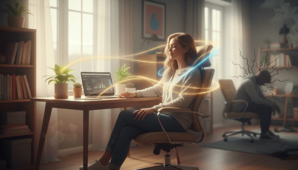 Mujer teletrabajando relajada frente al portátil con ondas de energía positiva a su alrededor