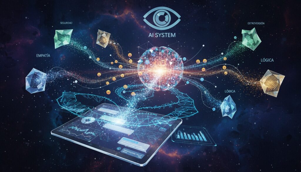 Ilustración de un sistema de inteligencia artificial analizando emociones, lógica y seguridad desde una tablet