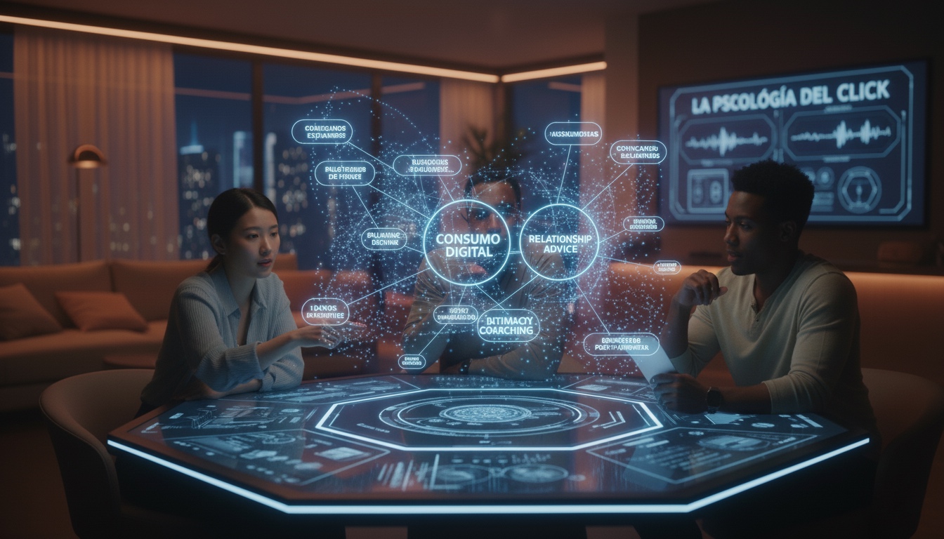 Tres personas analizando datos sobre consumo digital en una mesa interactiva con gráficos holográficos en un entorno moderno y tecnológico.