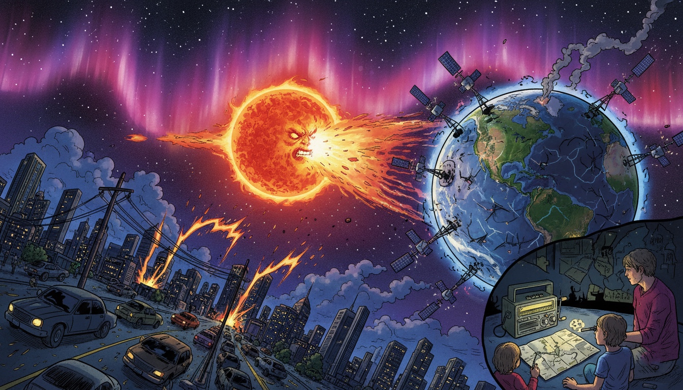 Ilustración tipo cómic que muestra una gigantesca tormenta solar impactando sobre la Tierra y provocando fallos eléctricos, satélites dañados y caos urbano.