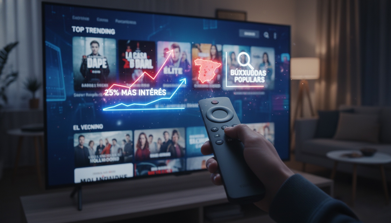 Una mano sosteniendo un control remoto inteligente apuntando hacia una pantalla de televisión grande que muestra una interfaz de streaming con varias películas y series. La pantalla también superpone un gráfico de tendencias y el logo de España, sugiriendo la interacción del usuario con las búsquedas populares de entretenimiento en el país.