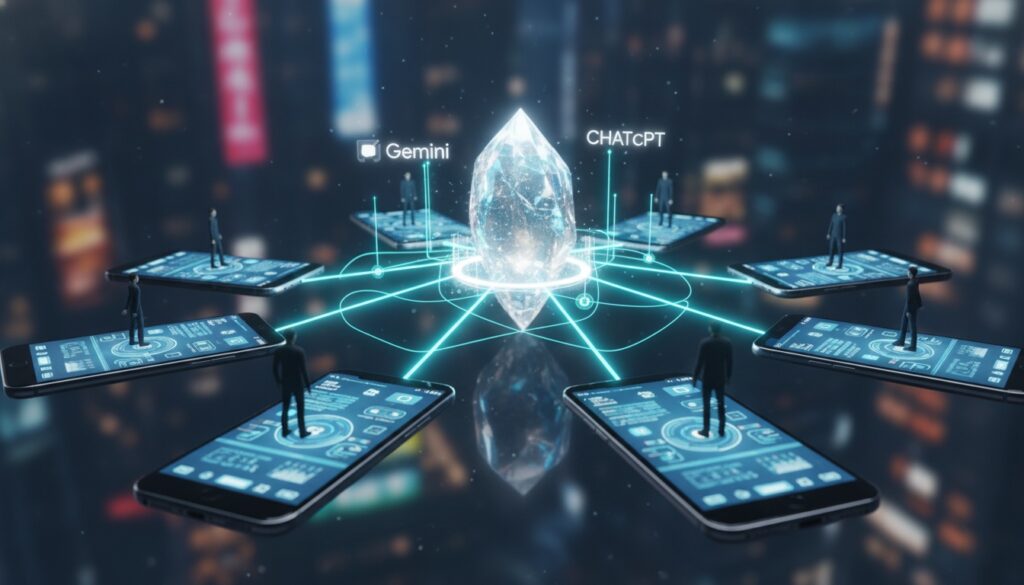 Una representación abstracta y futurista de inteligencia artificial conectada a dispositivos móviles. Se ve un cristal central brillante con los nombres 'Gemini' y 'ChatGPT' emitiendo líneas de energía hacia múltiples smartphones flotantes. Pequeñas figuras humanas interactúan con los teléfonos, sugiriendo la omnipresencia de la IA en la vida diaria