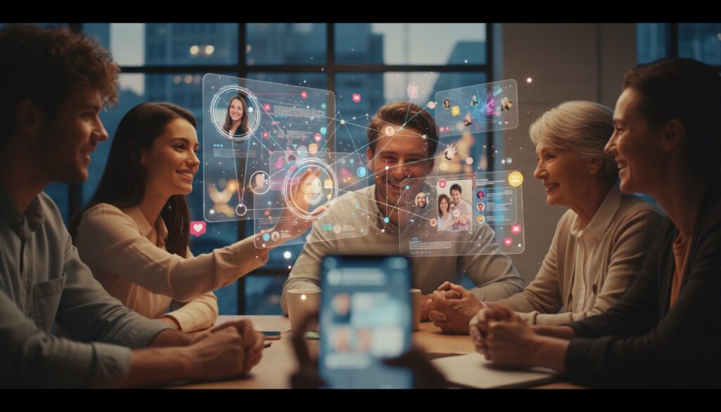 Grupo de personas de diferentes edades usando pantallas holográficas con perfiles de redes sociales