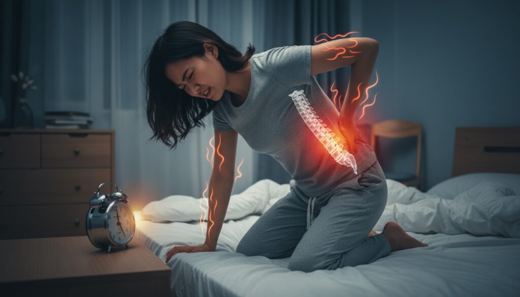 Mujer sentada en la cama con fuerte dolor de espalda y la columna lumbar resaltada