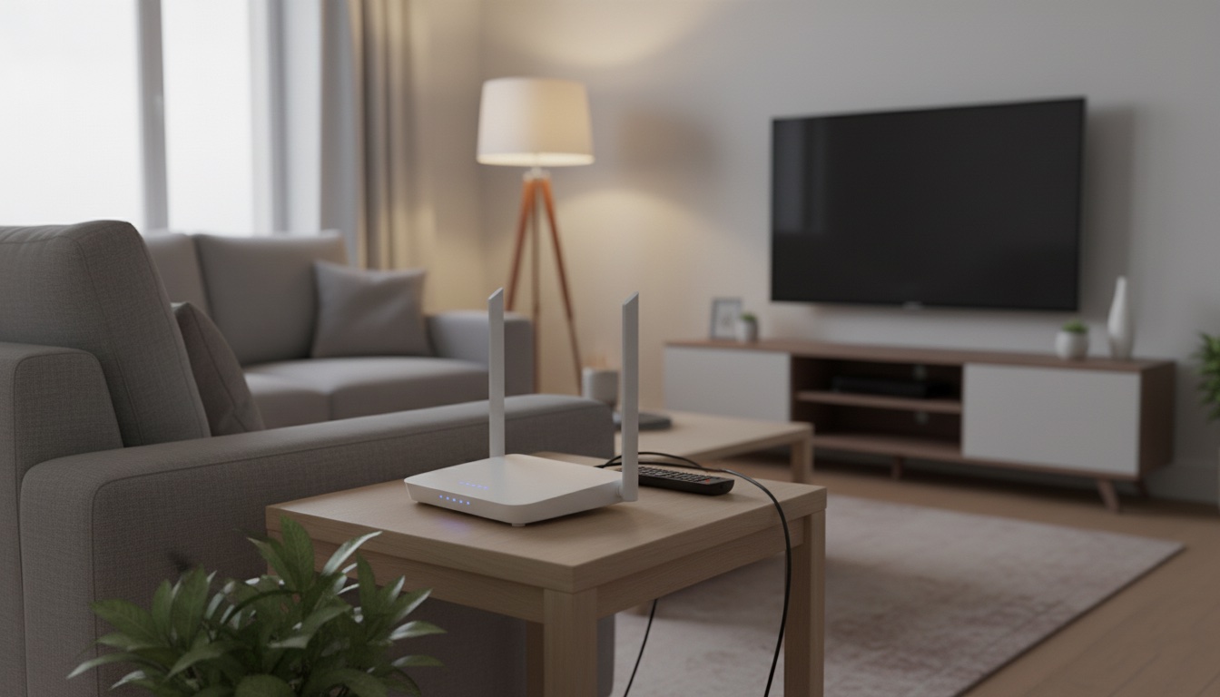 Router blanco con antenas colocado en una mesa auxiliar del salón, con un sofá, lámpara y televisor al fondo.