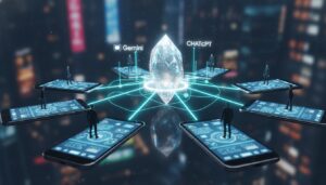 Una representación abstracta y futurista de inteligencia artificial conectada a dispositivos móviles. Se ve un cristal central brillante con los nombres 'Gemini' y 'ChatGPT' emitiendo líneas de energía hacia múltiples smartphones flotantes. Pequeñas figuras humanas interactúan con los teléfonos, sugiriendo la omnipresencia de la IA en la vida diaria